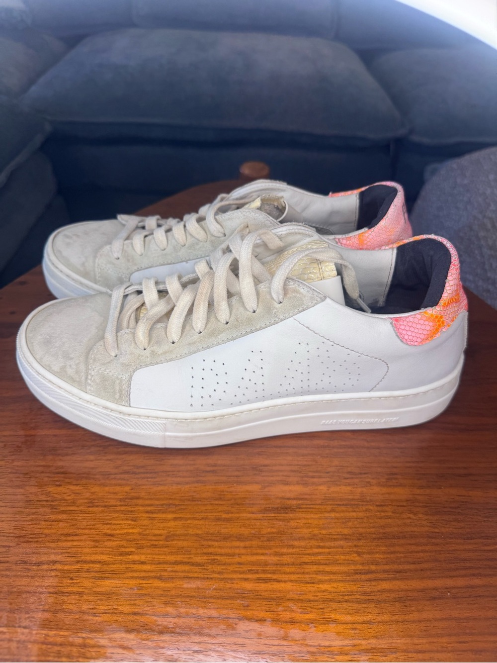 P448 Woman’s White leather and suede P448 Thea Shabby Snake Sneaker Size 40 / 9